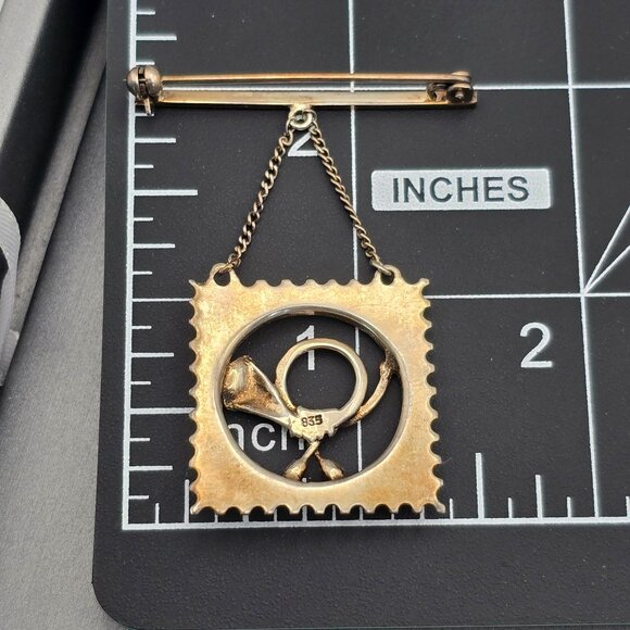 Antique 835 Silver Repousse Horn Brooch 2" Dangling Chain Rose Cut Gemstones - Picture 9 of 10